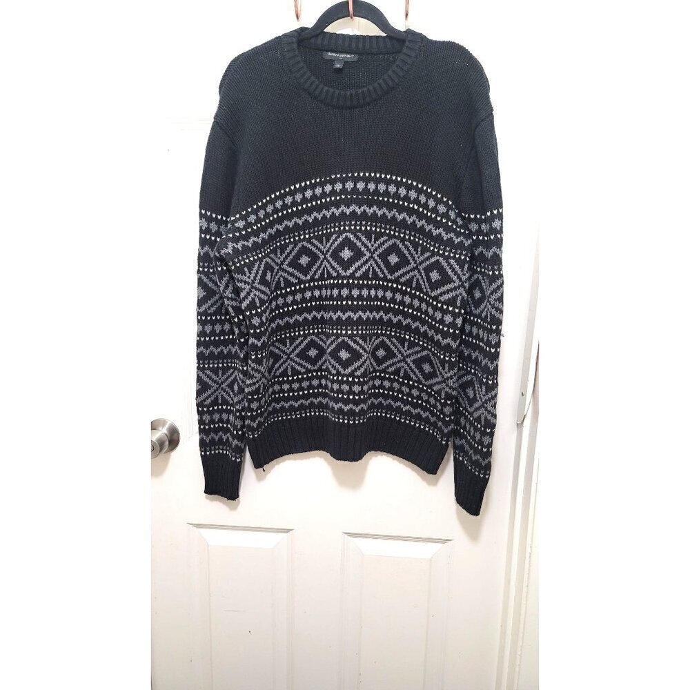 Banana Republic Sweater Mens Large Black Gray Fair Isle Wool Blend Knit Crewneck